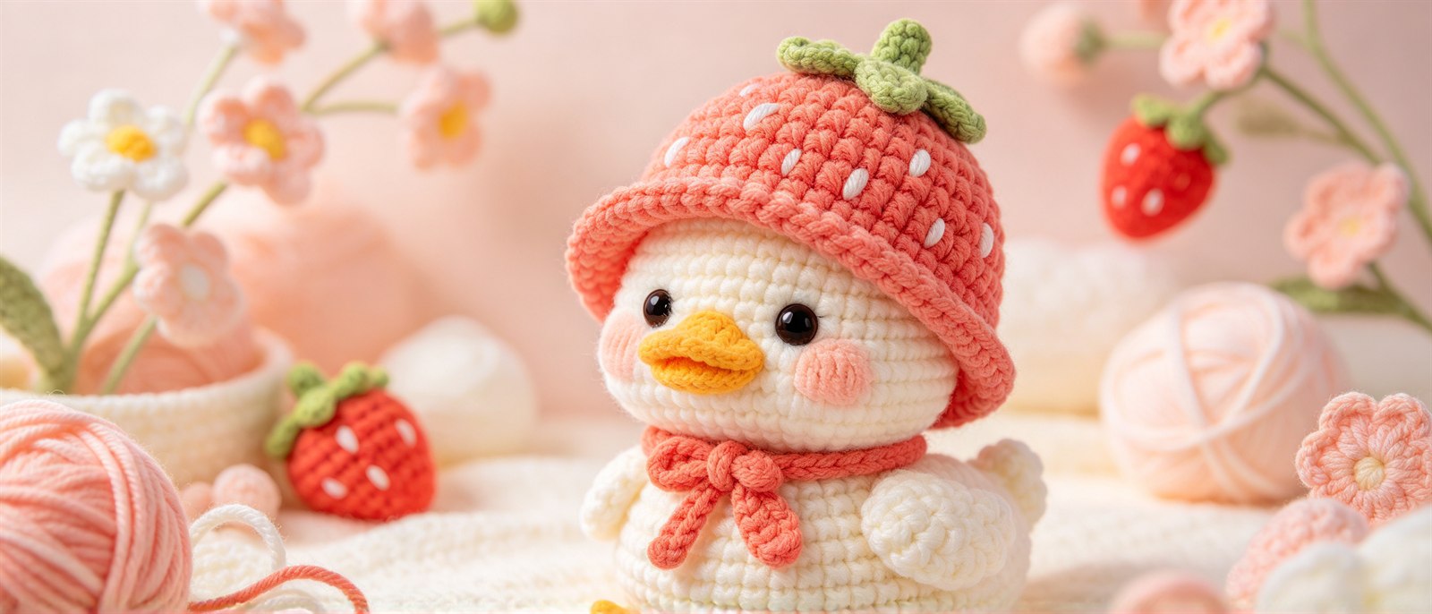 A crocheted duck wearing a strawberry hat, surrounded by pink yarn